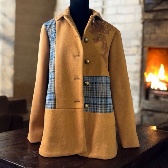 NWT LOGO Lavish by Lori Goldstein Coat with Plaid Panels & Mesh Appliques - Picture 1 of 7